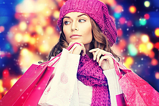 购物,圣诞节,销售,礼物,概念,女人,冬天,衣服,粉色,购物袋