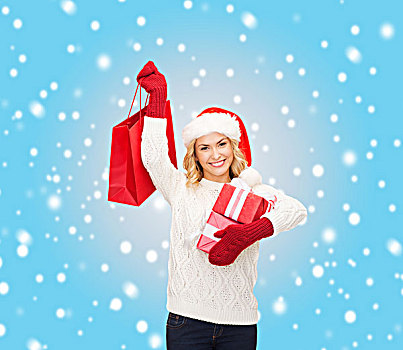 购物,销售,礼物,圣诞节,圣诞,概念,微笑,女人,圣诞老人,帽子,购物袋,礼盒
