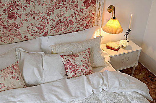 框架,布,高处,床,褶皱,灯罩,一个,浪漫,旧式,室内