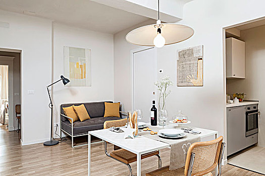 小,餐桌,悬桁,椅子,精美,灰色,沙发,生活方式,区域