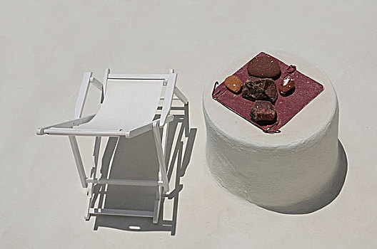 折叠躺椅,桌子,平台,锡拉岛,希腊,欧洲