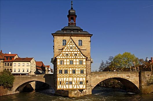 老市政厅,桥,上方,河,班贝格,上弗兰科尼亚,巴伐利亚,德国,欧洲
