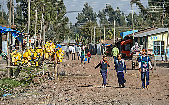 女孩,道路,学校,大捆,区域,埃塞俄比亚,非洲