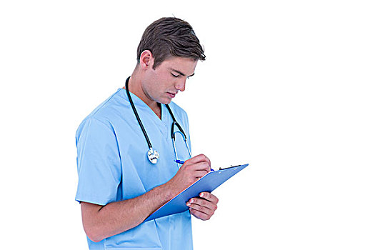 年轻,医护人员,蓝色,长套衫,文字,笔记,笔记本