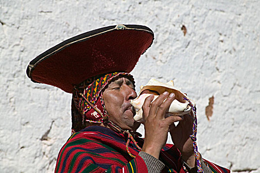 印第安女人,吹,贝壳,秘鲁
