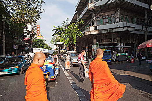 泰国,曼谷,唐人街,僧侣,走,街上