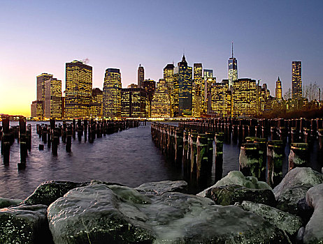 曼哈顿,天际线,纽约,美国,冰,石头,东河,前景