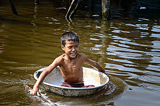 柬埔寨,收获,男孩,漂浮,洗盆,大幅,尺寸