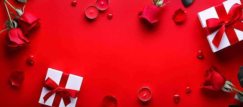 情人节创意,红玫瑰与礼盒