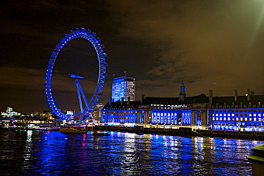 伦敦眼,摩天轮,泰晤士河,堤,夜晚,大幅,尺寸