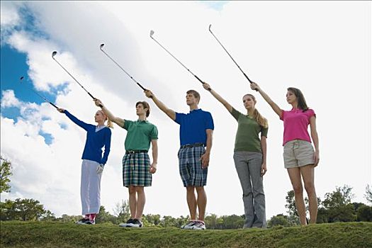 五个,朋友,抬起,高尔夫球杆,高尔夫球场,比尔提默高尔夫球场,珊瑚顶市,佛罗里达,美国