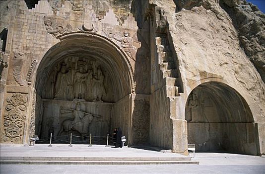 两个,洞穴,浅浮雕,省,伊朗,迟,七世纪,浮雕,装饰,石窟,抠像,悬崖,旁侧,大,水池,传统