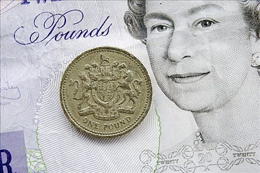 特写,一英镑硬币,上方,20英镑