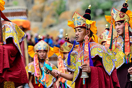 僧侣,表演,仪式,跳舞,故事,早,白天,佛教,节日,拉达克,查谟-克什米尔邦,印度,亚洲