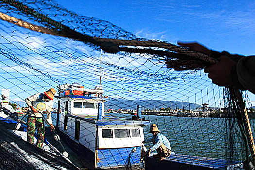 渔民,准备,渔网,印度尼西亚,七月,2007年