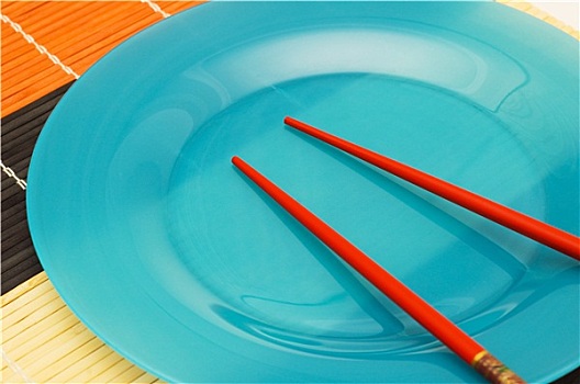 蓝色,盘子,筷子,垫