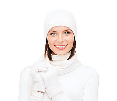 冬季时尚,人,概念,女人,白色,帽子,围巾,手套
