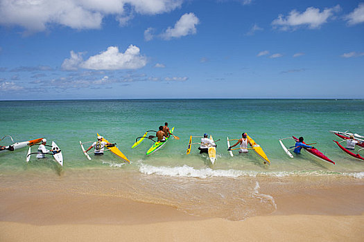 夏威夷,瓦胡岛,日落海滩,一个,男人,舷外支架,独木舟