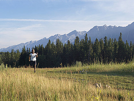 远足者,跑,树林,艾伯塔省,加拿大