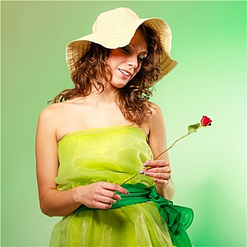 春天,夏天,美女,女孩,帽子,拿着,红玫瑰,花