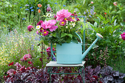 初夏,多年生植物,花束,洒水壶,椅子,床