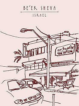 街道,啤酒,以色列,艺术,店,入口,灯,汽车,棕榈叶,绘画,旅行,明信片