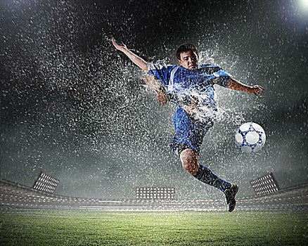 球员,蓝衬衫,惊人,球,高,体育场,雨