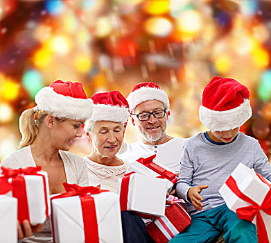 家庭,圣诞节,休假,人,概念,幸福之家,圣诞老人,帽子,礼盒,坐,上方,红灯,背景