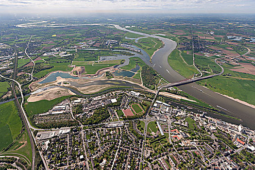 航拍,河,重建,嘴,港口,支流,莱茵河,下莱茵,区域,北莱茵-威斯特伐利亚,德国,欧洲