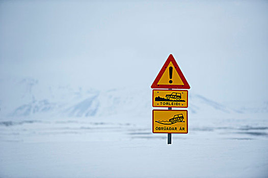 积雪,警告标识,指示,风景,冰河,冰岛,高地,欧洲