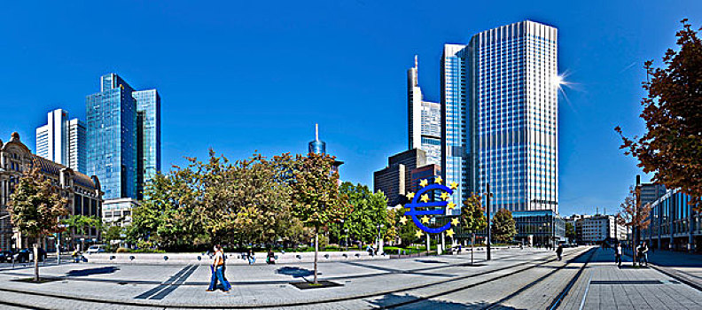 全景,欧洲中央银行,欧元标志,法兰克福,黑森州,德国,欧洲