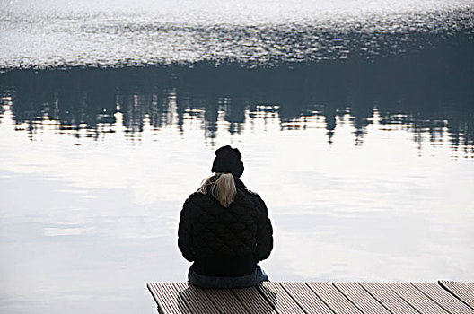 女人,坐,湖,象征,图像,孤单