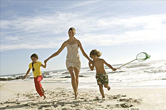 母亲,两个孩子,跑,海滩,户外