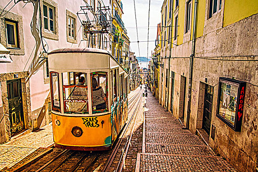 小,轨道车辆,索道,铁路,运输,狭窄街道,城市,里斯本,葡萄牙