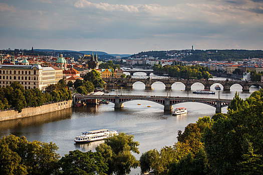 布拉格,精彩,桥,俯视,伏尔塔瓦河,城市,日落,全景,捷克共和国