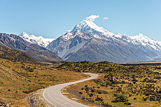 弯曲,道路,风景,库克山,积雪,山,库克山国家公园,南阿尔卑斯山,坎特伯雷,南岛,新西兰,大洋洲