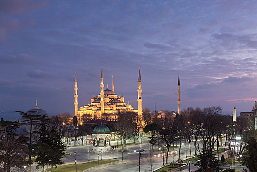 蓝色清真寺,夜晚,苏丹艾哈迈德清真寺,广场,伊斯坦布尔,土耳其,亚洲