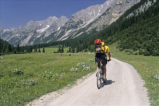 山地车手,骑自行车,山谷,提洛尔,奥地利,欧洲