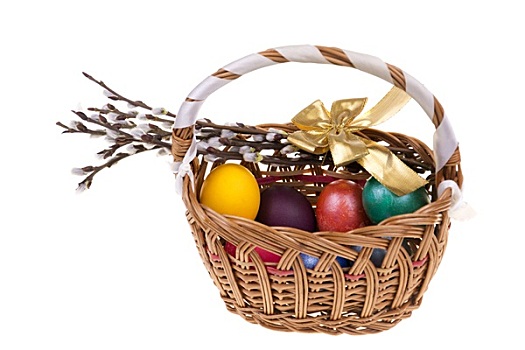 复活节,棕榈树,柔荑花,篮子,复活节彩蛋,隔绝,白色背景,背景