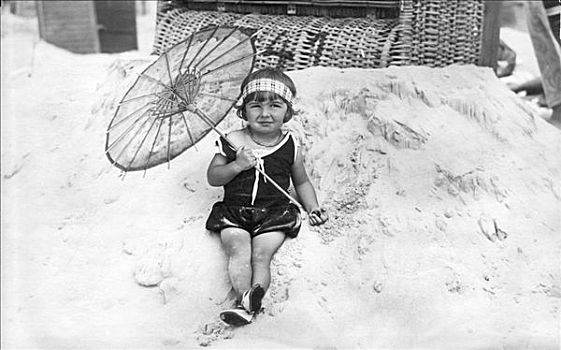 历史,照片,小女孩,海滩,20年代