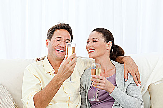 幸福伴侣,味道,香槟,坐,沙发,在家