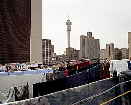 衣服,悬挂,洗,线条,建筑,背景,塔,集中,约翰内斯堡,南非