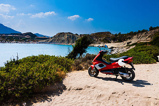 海滩,岩石海岸,希腊,红色,摩托车