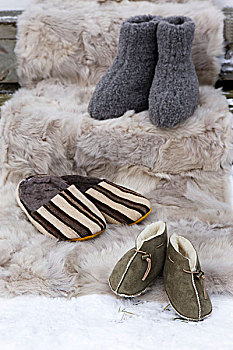 多样,拖鞋,编织,毛皮,毯子,雪中