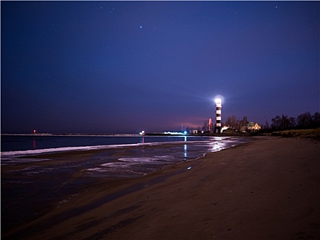 黑白,灯塔,夜晚,波罗的海,海滩