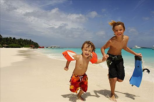 孩子,海滩,泻湖,胜地,马尔代夫,印度洋