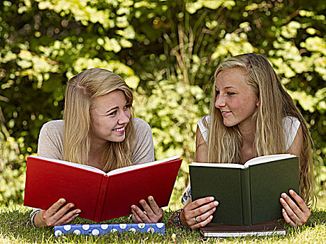两个女孩,读,公园