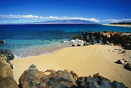 夏威夷,海滩,沙滩,脚印,石头,莫洛凯岛,远景