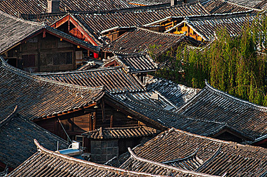 云南,大理古镇,俯瞰,旧建筑,屋顶,瓦片,夕阳,小镇,中国