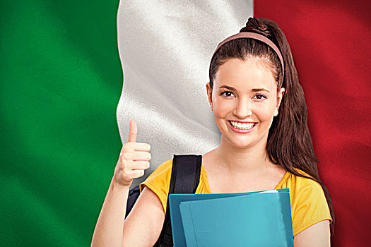 合成效果,图像,学生,竖大拇指,电脑合成,意大利人,国旗